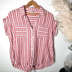Lucky Brand Striped Short Sleeve Cropped Button Front Linen Blouse Sz S